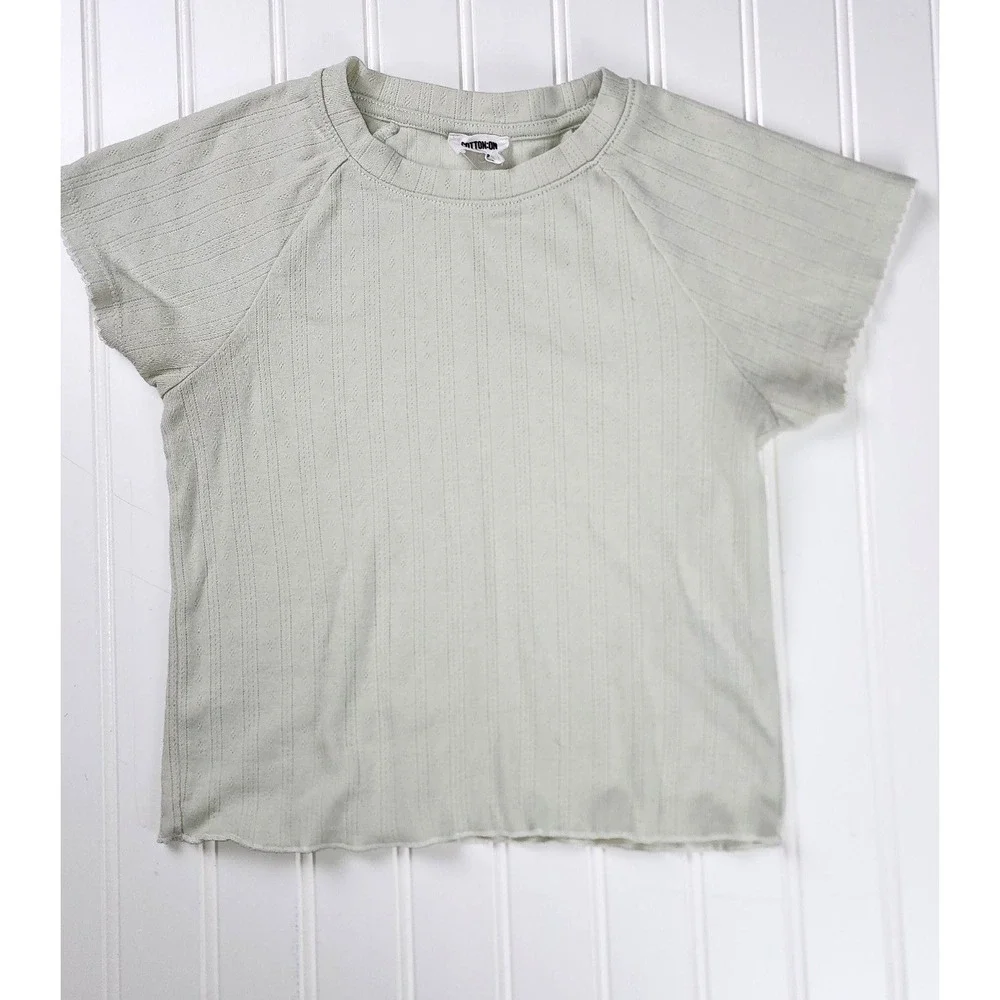 Cotton On Baby Tee Womens XS Sage Green Pointelle Lettuce Edge Raglan Sleeve y2K - Picture 1 of 6